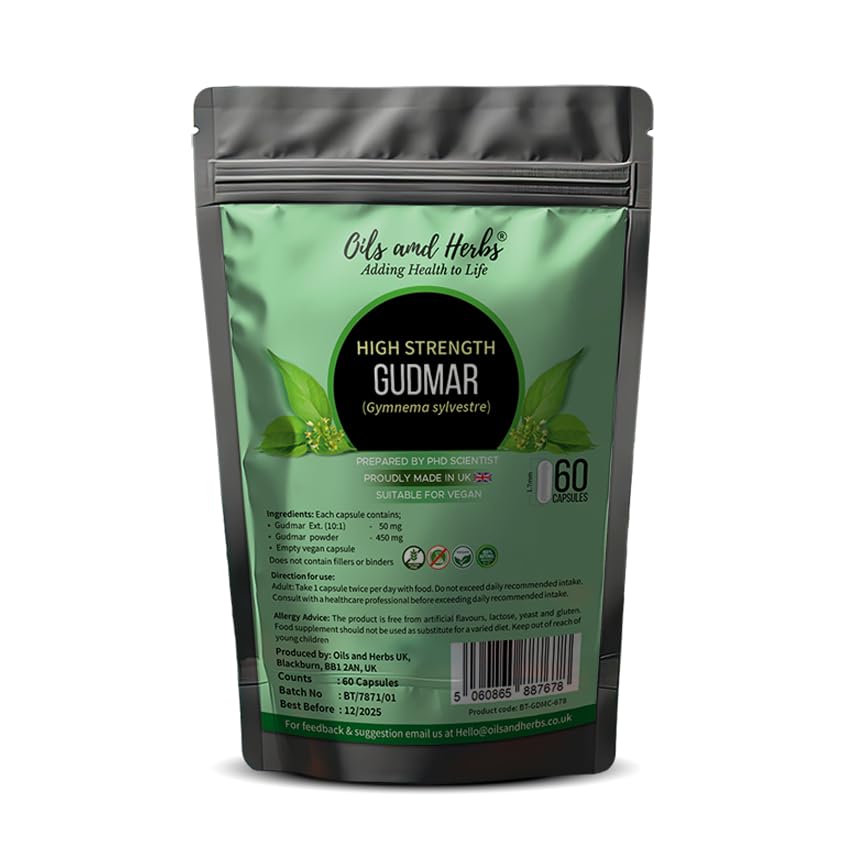 Oils and Herbs Adding Health to Life Super Strength Gudmar Capsules 1900MG – Gymnema Sylvestre Supplement – No Fillers or Binders – Made in UK – Vegan – 60 Capsules – Blood Sugar Support