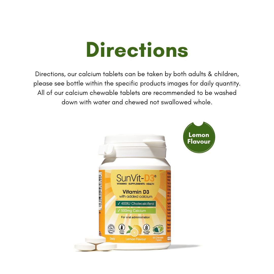 SunVit-D3 Vitamin D3 400IU with Added 500mg Calcium Lemon Tablets - Support The Maintenance of Bone, Teeth, Muscle & Immune System - 60 Lemon Chewable Tablets