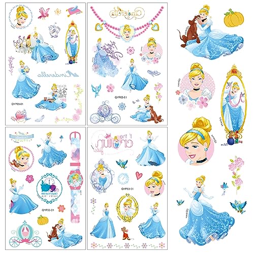 FRESHOER Cinderella Temporary Tattoos,4 Sheets 100+ Patterns Princess Tattoo Stickers