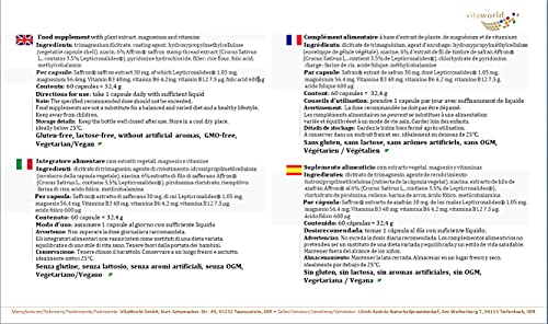 Vita World Saffron Extract 60 Capsules 100% Natural Saffron, with Magnesium and B Vitamins, Vegan/Vegetarian Made in Germany