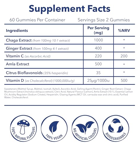 Moosh Mushroom Gummies 3000mg - 60 Gummies (Reishi, Lions Mane, Chaga, Coryceps) Sugar Free, 100% Vegan (Immunity (Chaga))