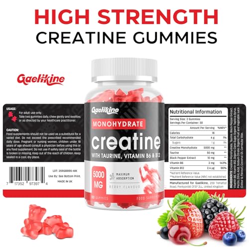 Gaelikine Creatine Gummies Max 5000mg for Men & Women, Creatine Monohydrate Gummies Plus L-Taurine, B12 & B6 for Muscle Growth, Pre Workout Supplement, Berry Flavor, Vegan