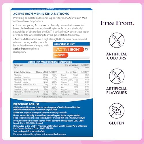 Solvotrin Active Iron Supplement 14 mg + Multivitamin for Men – Clinically Proven to Increase Energy & Reduce Tiredness – Gentle, Non-Constipating Iron + Men’s Multivitamin – 30 Capsules + 30 Tablets