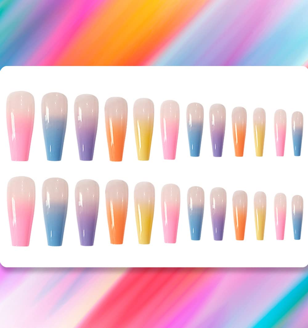 Albiuev 24PCS Long Coffin False Nails with Glue Stickers,Ballerina Coffin Full Cover Acrylic Press on Nails no Glue,Rainbow Gradient French Fake Stick on or Women and Girls Art