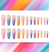 Albiuev 24PCS Long Coffin False Nails with Glue Stickers,Ballerina Coffin Full Cover Acrylic Press on Nails no Glue,Rainbow Gradient French Fake Stick on or Women and Girls Art