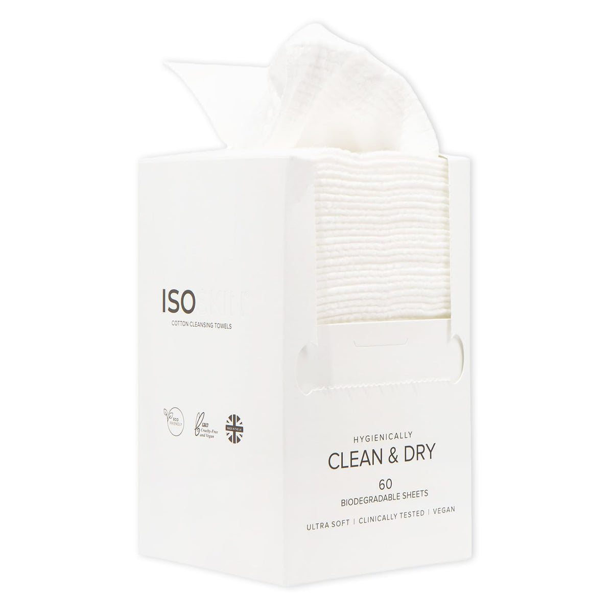 Isoclean ISOCLEAN Soft Cotton Disposable Face Towel – Textured Dry Wipes for Makeup Removal & Facial Cleansing – Ultra Absorbent, Dual-Texture Face Cloth for Sensitive Skin, No Fragrance - Box of 60