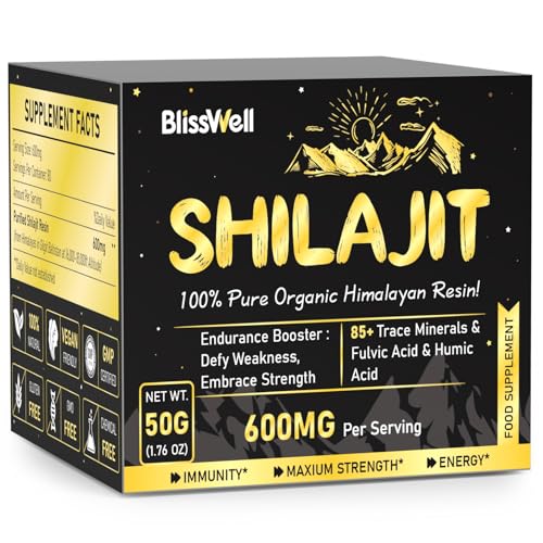 BlissWell Shilajit Resin, Pure Himalayan Shilajit with Fulvic Acid & 85+ Trace Minerals Complex for Energy Mental Immune Support, 50g