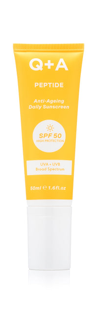 Q+A Peptide Anti-Ageing Daily Sunscreen SPF 50: Lightweight, Non-Sticky, Broad-Spectrum UVA/UVB, Collagen-Boosting, Hydrating, Radiance-Enhancing, 95% Natural, Vegan, Facial SPF, 50ml