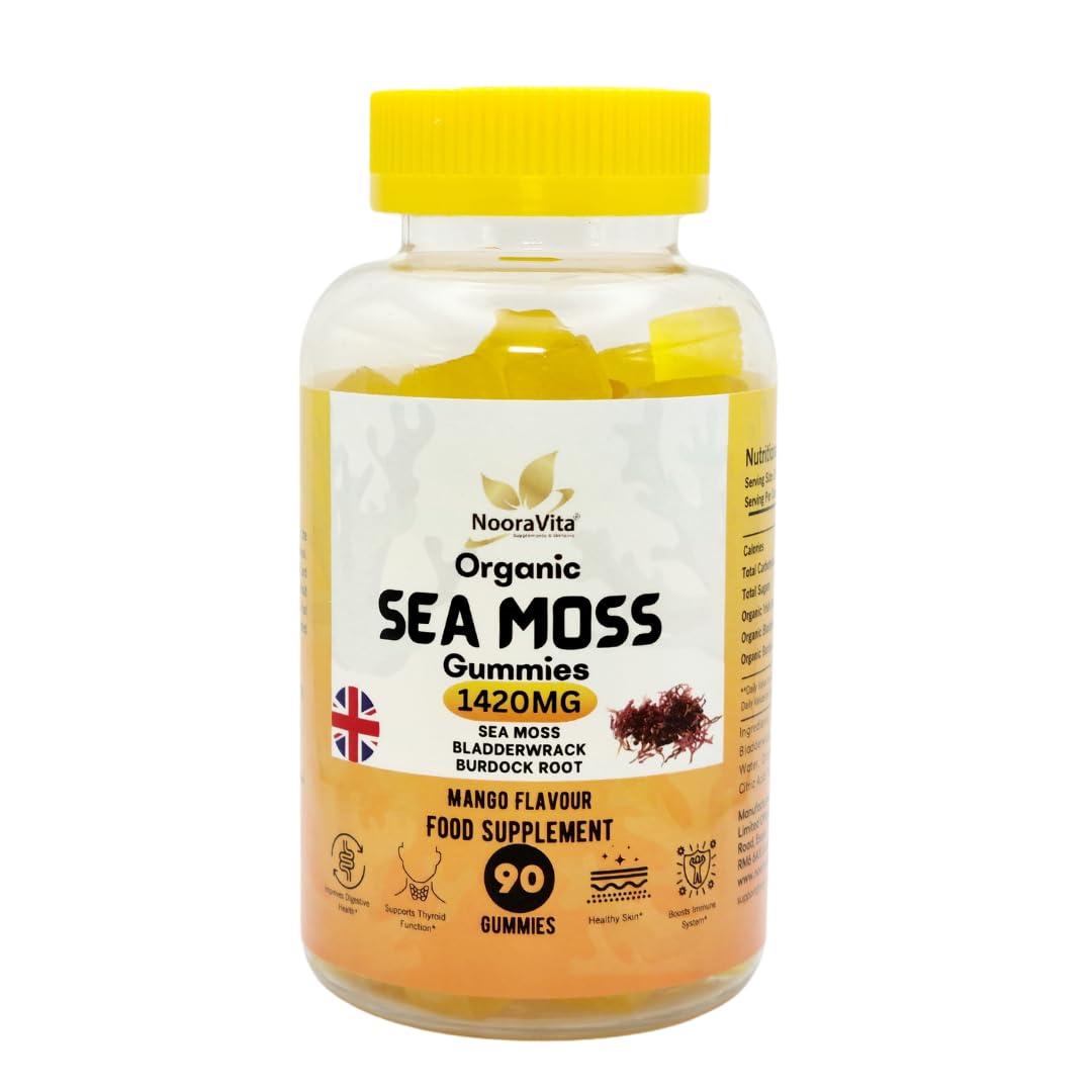 NooraVita Supplements & Skincare NooraVita Organic Sea Moss Gummies, 1420mg with Bladderwrack and Burdock Root, 90 Mango Flavour Gummies