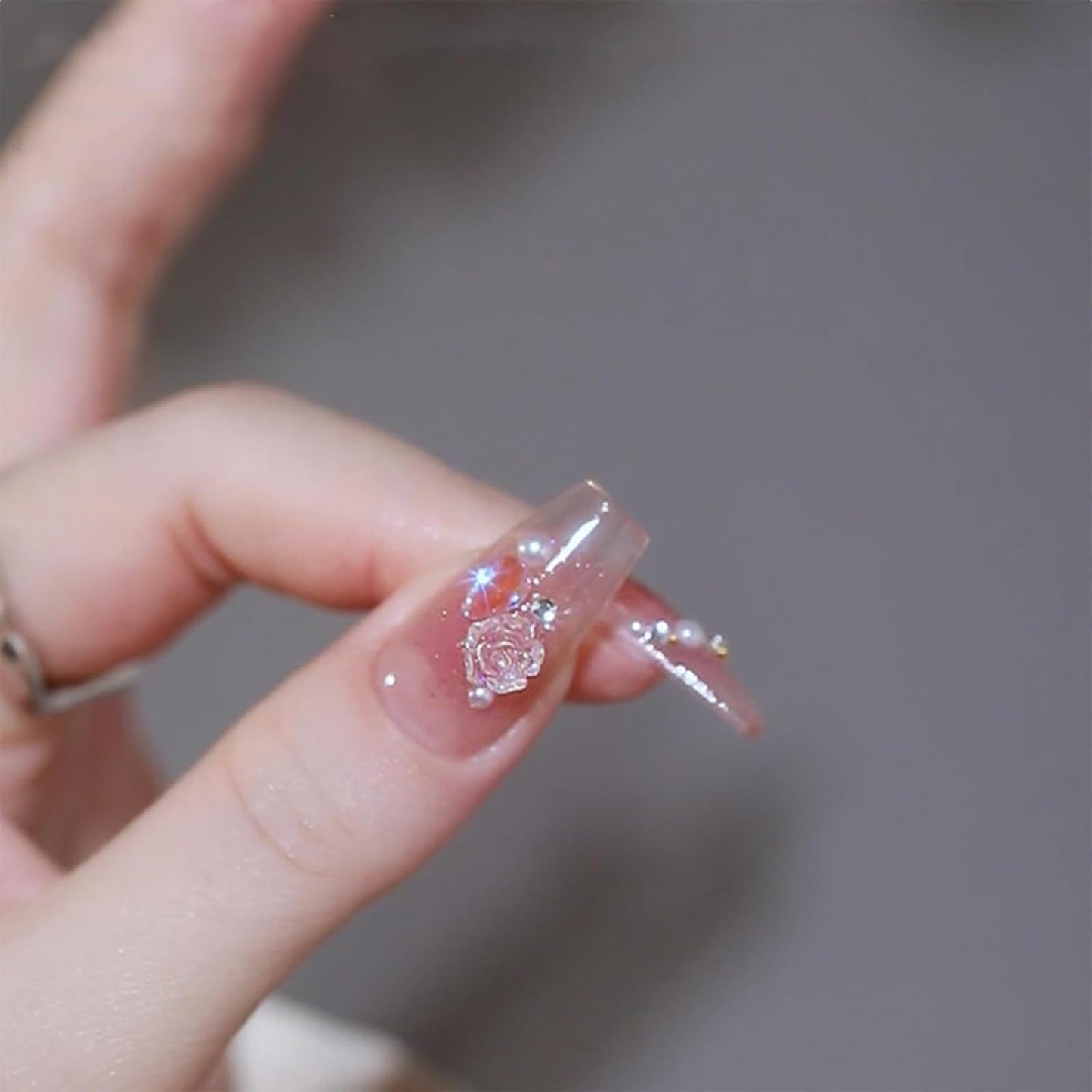 Lomeya 24pcs Long Press On French Tip False Nails - Ice-Soaked Blush Camellia Design - Elegant Coffin Shape - Luxurious French Ballet Style