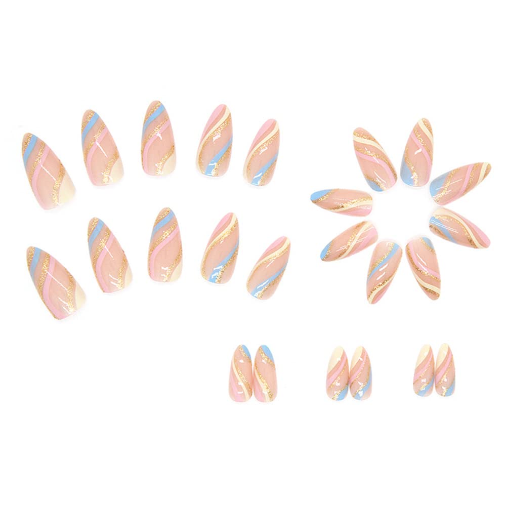 Albiuev 24PCS Short False Nails with Glue Stickers,Almond Full Cover Acrylic and Press on Nails no Glue, Green Flower French Fake Nails Stick for Women and Girls Nail Art.