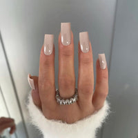 SXVME Light Gray Press on Nails Long Square, Nude Brown False Nails Medium Coffin, Glossy Gel Fake Nails Press on, Sheer Gel Stick on Nail for Women, 24 Pcs