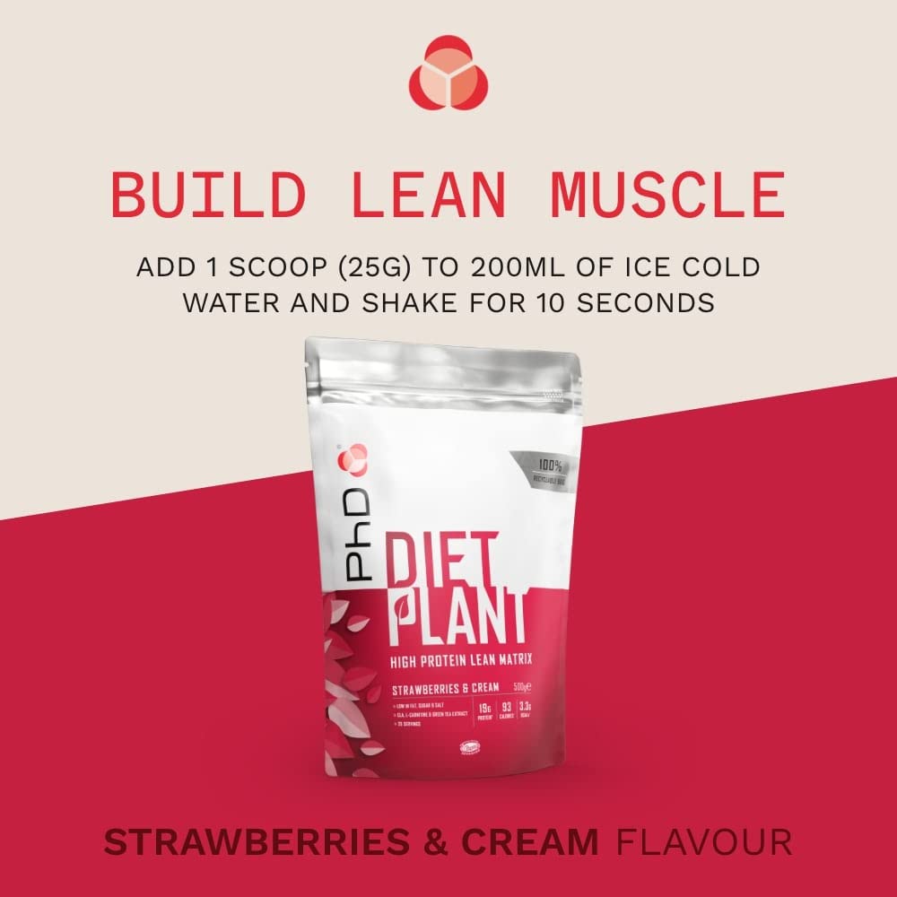 PhD Nutrition Diet Plant, Vegan Protein Powder Plant Based, Strawberries and Cream, 19g of Plant Protein, 20 Servings Per 500g Bag
