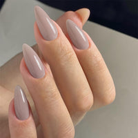 SXVME Khaki Grey Press on Nails Medium Stiletto Almond, Pure Nude False Nails Set Reusable Fake Nails with Feature Protective UV Coating for Women Nail Art Manicure in 24PCS