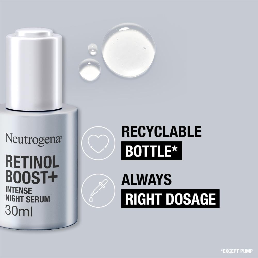 Neutrogena Retinol Boost+ Intense Night Serum (1 x 30ml), Unscented Retinol Serum For Face, Reduces Look of Deep Wrinkles, For Firmer, Younger-Looking Skin