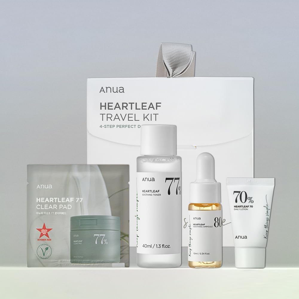 Anua heartleaf smoothing trial Korean kit | travel size, gift set with heartleaf 77 clear pad, heartleaf77% smoothing toner and daily lotion & heartleaf 80 moisture soothing ampoule, Korean skin care
