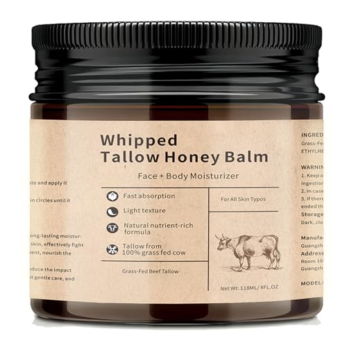 Whipped Tallow Cream for Face & Body - Grass-Fed Beef Tallow, Natural Honey & Beeswax Moisturizer, Deep Hydration & Nourishment