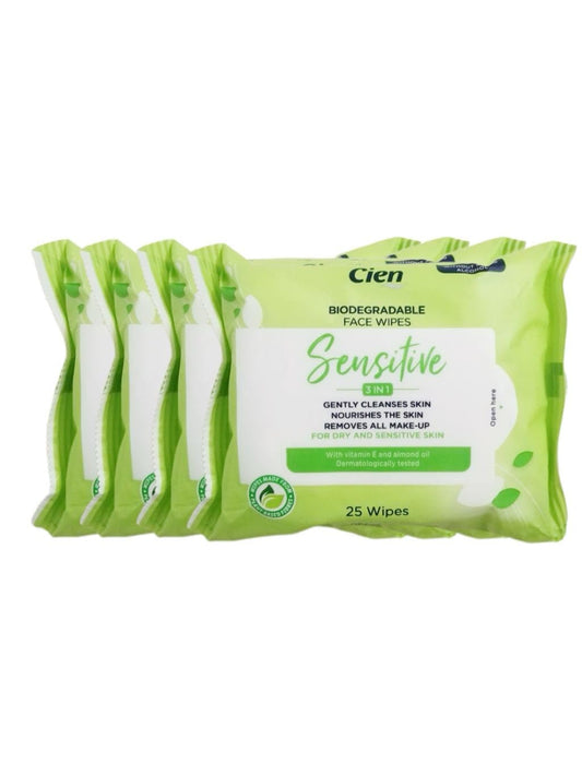 Lidl- Cien | Sensitive - 3 IN 1 | Biodegradable Face Wipes | For Dry and Sensitive Skin | With Vitamin E and ALmond Oil | 25 Wipes × 4 [BUNDLE]