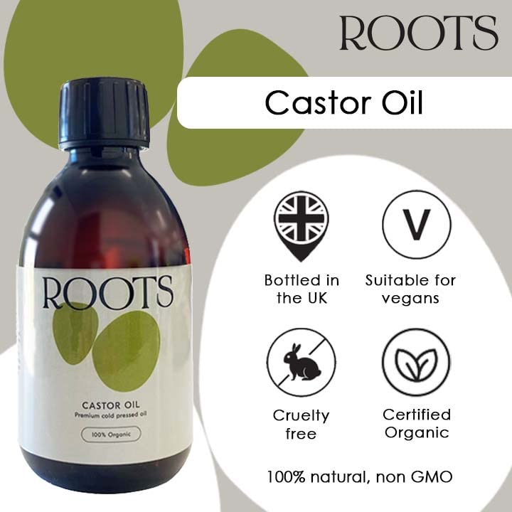 Roots Organic Castor Oil. Suitable for Vegans & Cruelty Free. Full of Essential Fatty acids with Anti-inflammatory Properties. Nourishes Skin and Promotes Healthy and Shiny Hair