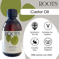 Roots Organic Castor Oil. Suitable for Vegans & Cruelty Free. Full of Essential Fatty acids with Anti-inflammatory Properties. Nourishes Skin and Promotes Healthy and Shiny Hair