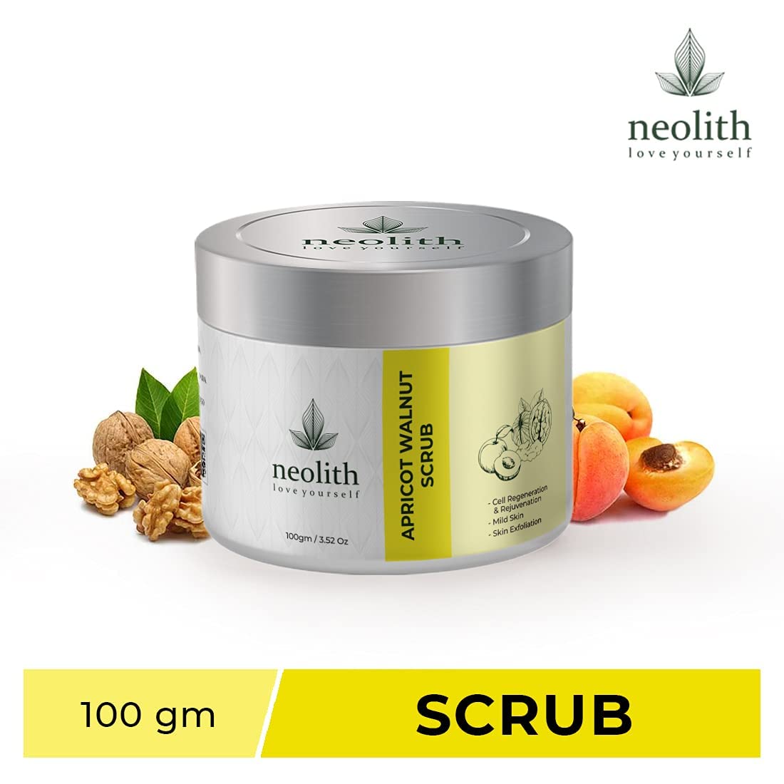 Neolith Apricot Walnut Face Scrub with Vitamin E and Almond oil (100gm) for Skin Detox, Gentle Exfoliation and Tan Removal | Removes White heads, Black heads, Brightens skin, Removes excess oil