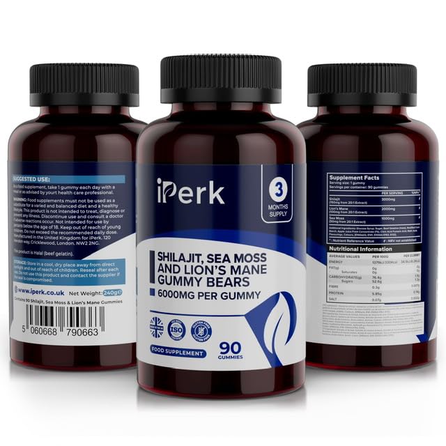 iperk iPerk Shilajit, Sea Moss & Lion’s Mane Gummy Bears | 3,000mg Shilajit | 6,000mg Total Per Gummy | 90ct | 3-Month Supply | Made in The UK | Halal | Natural Wellness Support