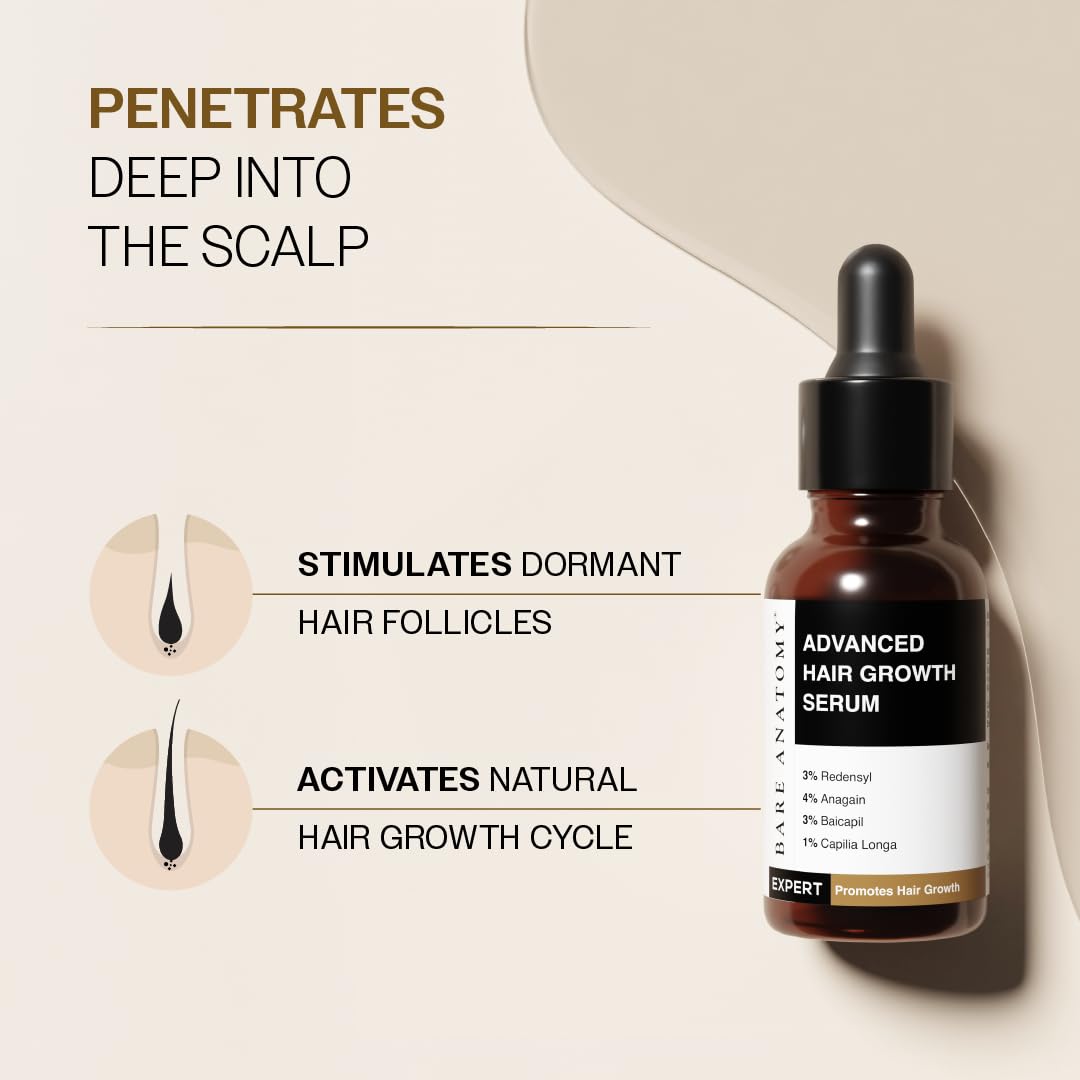 Bare Anatomy Advanced Hair Growth Serum | 3% Redensyl + 4% Anagain + 3% Baicapil + 1% Capilia Longa, Rosemary, Biotin & Rice Extract | Hair growth & Hair fall control serum for Women & Men | Pack of 3