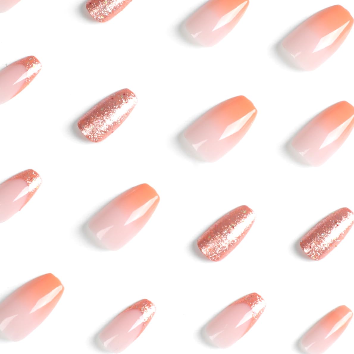 Albiuev 24PCS Medium False Nails with Glue Stickers,Coffin Full Cover Acrylic Nails Press on Nails no Glue,Orange Gradient Glitter French Fake Nails Stick on Nails for Women and Girls Nail Art.