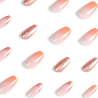 Albiuev 24PCS Medium False Nails with Glue Stickers,Coffin Full Cover Acrylic Nails Press on Nails no Glue,Orange Gradient Glitter French Fake Nails Stick on Nails for Women and Girls Nail Art.