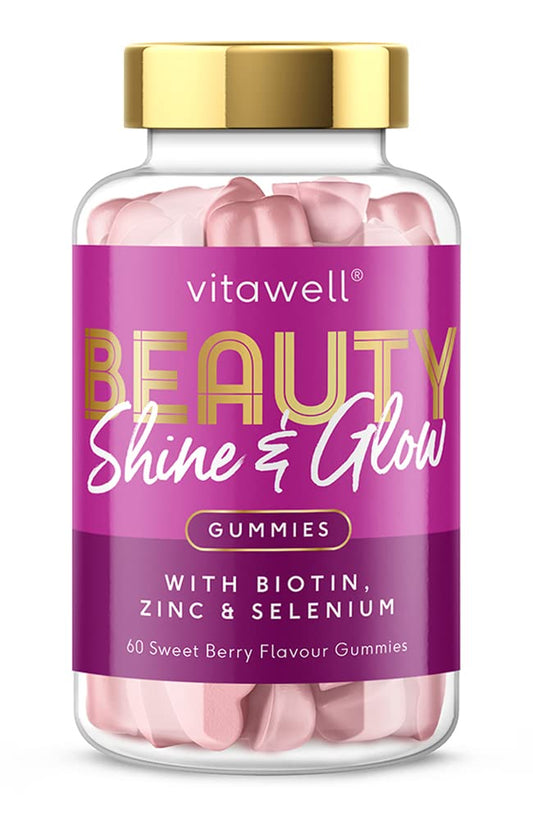 Vitawell Beauty Shine & Glow Gummies | Support for Hair Growth + Skin + Nails Vitamins Chews | Complex Formula Biotin, Zinc, Selenium & Vitamin E | 60 Sweet Berry Flavour | | Multivitamin Gummies