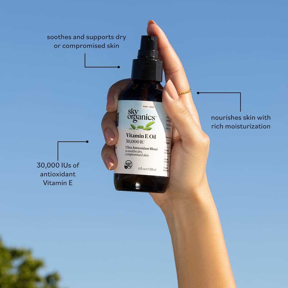 Organic Vitamin E Oil 36,000 IU by Sky Organics (118 ml) Vitamin E Oil - Moisturizing Treatment Oil with Jojoba & Rosehip for Scars & Stretch Marks