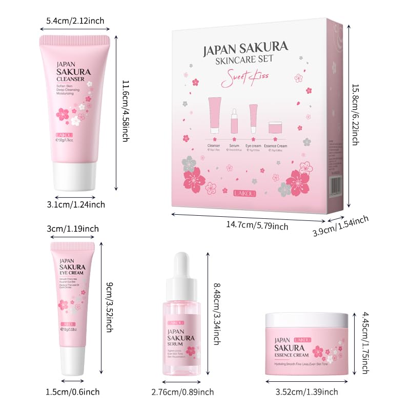 LAIKOU SkinCare Gift Set, JAPAN SAKURA Skin Care Sets & Kits with Cleanser, Face Serum, Eye Cream, Face Cream-Facial Gift Kit for Women/Teenage Girls Mom Daughter Birthday TSA-friendly Sizes 4pcs