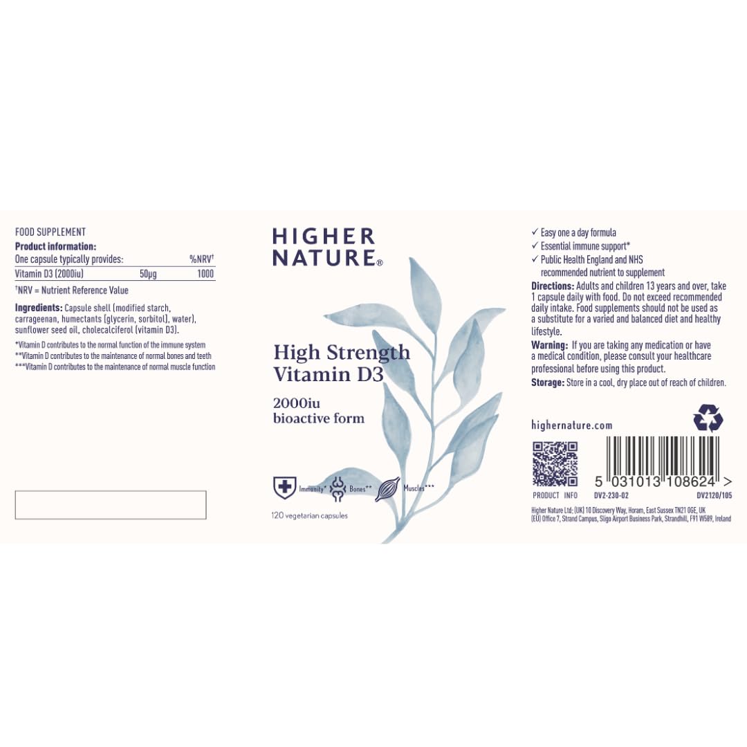 HIGHER NATURE Higher Nature - High Strength - Vitamin D3 2000iu - Immune System Support - Bone & Muscle Support - Vegetarian Friendly - 120 Capsules