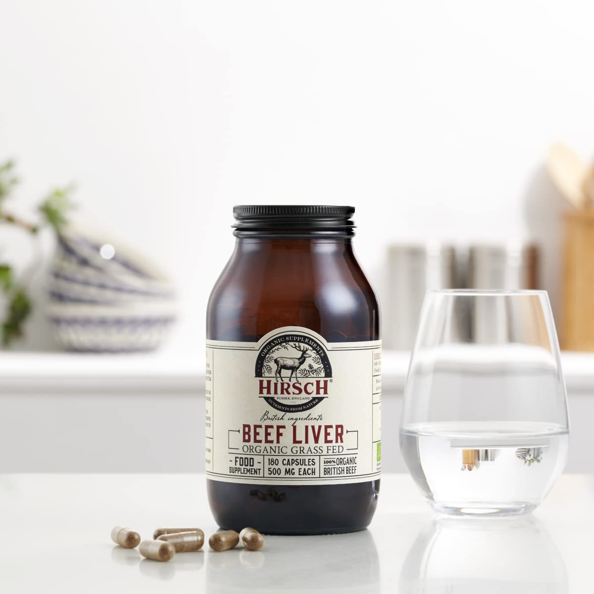 Hirsch Organic Grass Fed Beef Liver Supplement - 100% Certified Organic British Ingredients - Raw Freeze Dried - No Additives - 180 Capsules