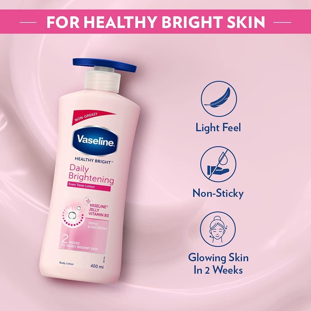 Vaseline Healthy Bright, Daily Brightening Daily Moisturizer, 400 ml, for Glowing Skin, with Vitamin B3, Visibly Radiant Skin in 2 Weeks, Lightweight, Non-sticky, Non-Oily Body Lotion, for Dry Skin