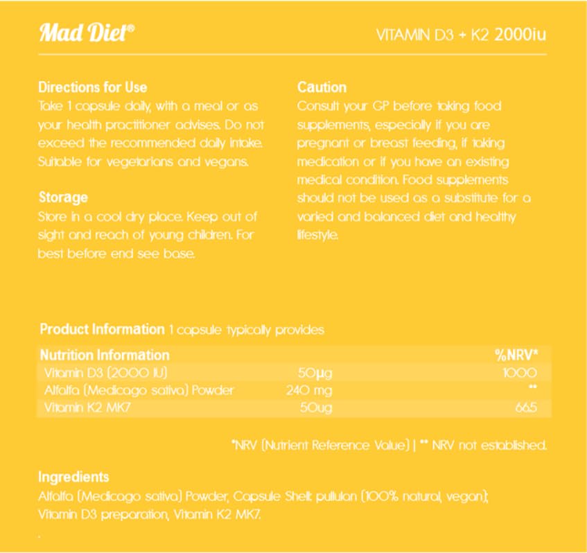 Mad Diet Vegan Vitamin D3+K2 | Zero Additives | Practitioner Quality | 2000IU Capsules | Locally Sourced |60 Capsules - 2 Month Supply | Trusted UK Brand | Immune