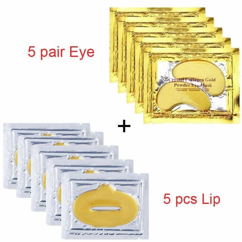 Tomsey 5x Collagen Lip Masks & 5 Pairs 24K Gold Gel Eye Masks, Anti Aging Wrinkle Gel Under Eye and Lip Patches, Eye Masks Patches for Dark Circles Puffy Eyes, Plumping Hydrating Gold Lip Pads