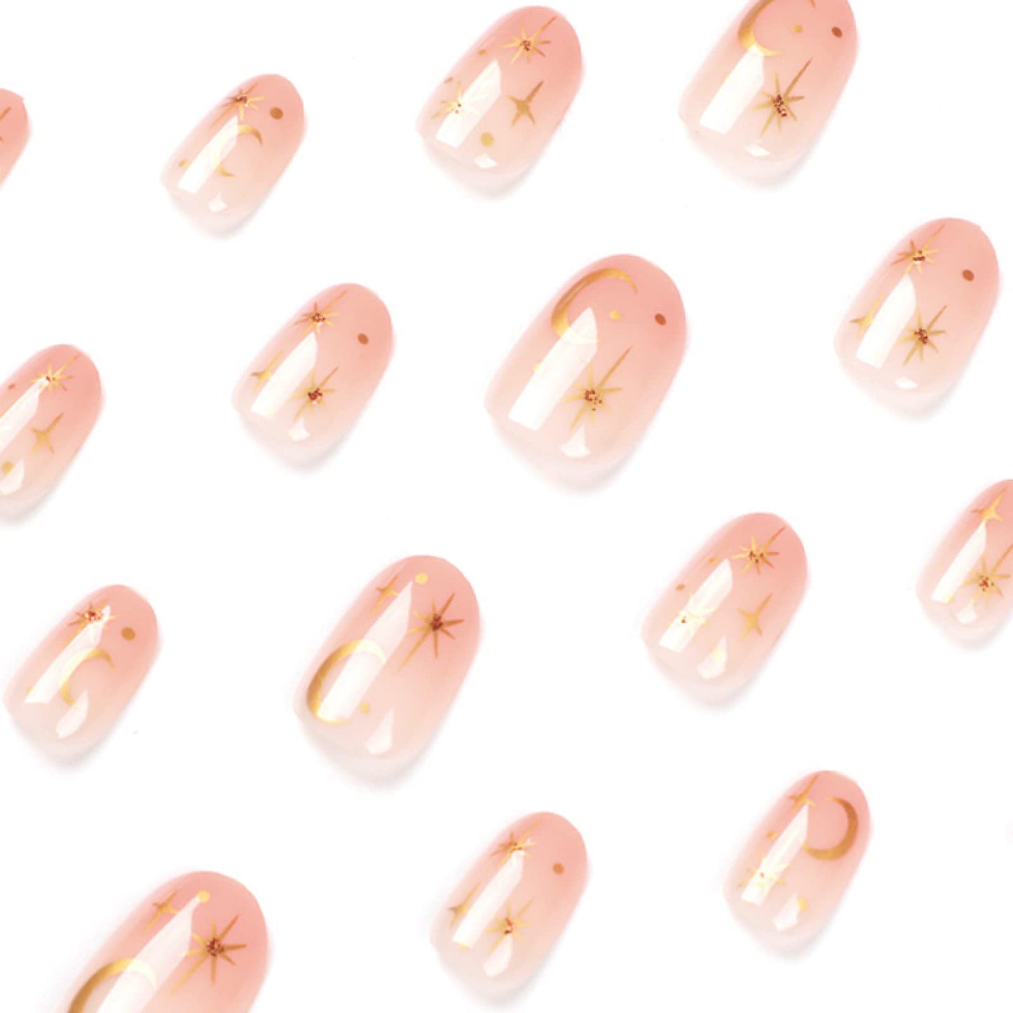 TMUT 24pcs Short Oval False Nails Gold Moon Star Stick on Nails Nude Pink Press on Nail Removable Glue on Ramadan Eid Mubarak Fake Nail Art Accessories for Women