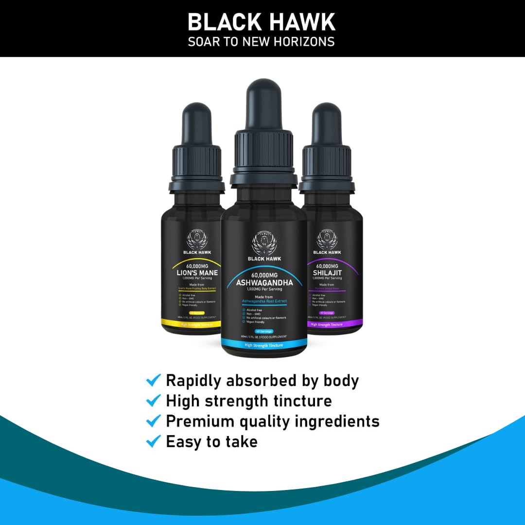 Ashwagandha Liquid 1000mg - 60 Vegan Servings Ashwagandha High Strength Supplement Root Powder Extract - 2 Months Supply - Nootropic - Made in The UK by BLACK HAWK