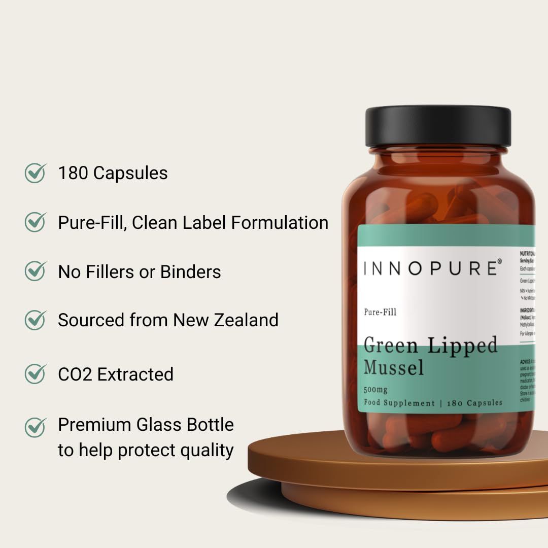 INNOPURE Green Lipped Mussel,180 Capsules 500mg from Pure New Zealand Waters CO₂ Extracted for Maximum Lipid Content, No Fillers or Binders, Clean Label Supplement