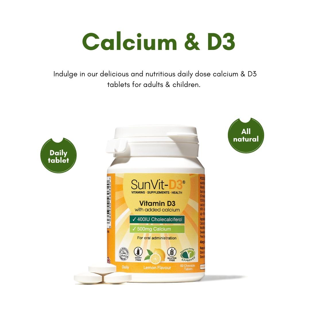 SunVit-D3 Vitamin D3 400IU with Added 500mg Calcium Lemon Tablets - Support The Maintenance of Bone, Teeth, Muscle & Immune System - 60 Lemon Chewable Tablets