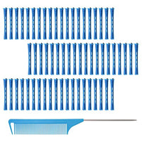 DBOO 60 pcs Small Perm Rods (0.35 Inch) with Tail Comb | Non-Slip Plastic Hair Curlers Rollers for Long & Short Hair | No Heat, Travel-Friendly Perm Kit for Home/Salon Use (Blue)