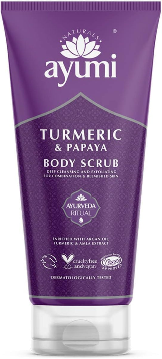 Ayumi Turmeric Body Scrub | Brightening Body Scrub with Papaya Extract | Revitalises Dull & Dehydrated Skin | Hydrating Cleanser with Argan Oil | Scrub for Women & Mens Skincare Rituals |200 ml