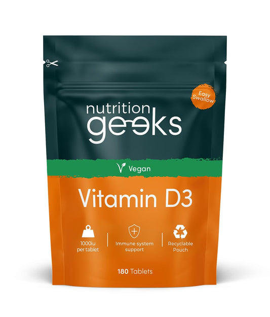 Nutrition Geeks Vegan Vitamin D 1000iu Tablets - 180 Easy-Swallow Plant-Based Algae Vitamin D Tablets, 6 Month Supply - VIT D3 High Strength Immune Support - Highest Grade Certified UK Made Vegan Vitamin D3 1000iu