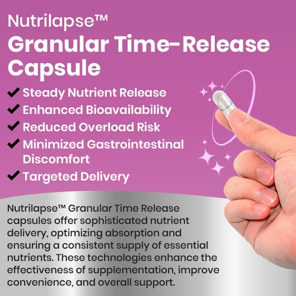 Nutri Lapse Nutrilapse™ Magnesium Glycinate (Bisglycinate) with Vitamin B6, High Bioavailability Granular Technology Sustained Release Capsules, 2400mg Magnesium Delivering 340mg Magnesium Elemental, 4mg Vitamin