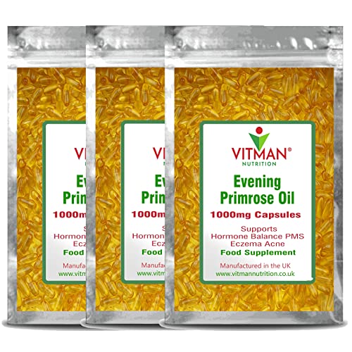 VitMan Nutrition Evening Primrose Oil 1000mg - 120 Softgels - Rich in Omega 6 GLA - Menopause - Anti Ageing - PMS Capsules… 4 Months Supply (120)
