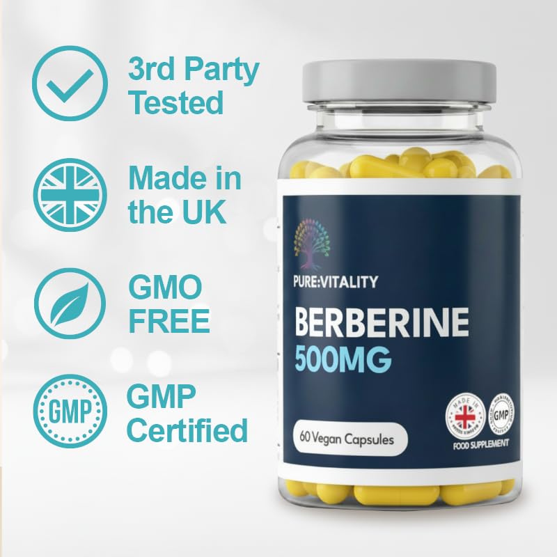 Pure: Vitality Pure Vitality Berberine HCL 500mg – 60 Vegan Capsules – 98% Purity – High Strength Formula – UK GMP Certified Manufacturer