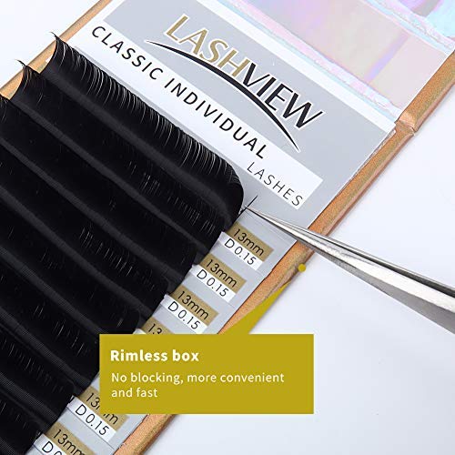 LASHVIEW Eyelash Extensions, Premium Single & Classic Individual Lashes, 0.15 Thickness C 15mm, Natural Semi-Permanent, Soft Application-Friendly