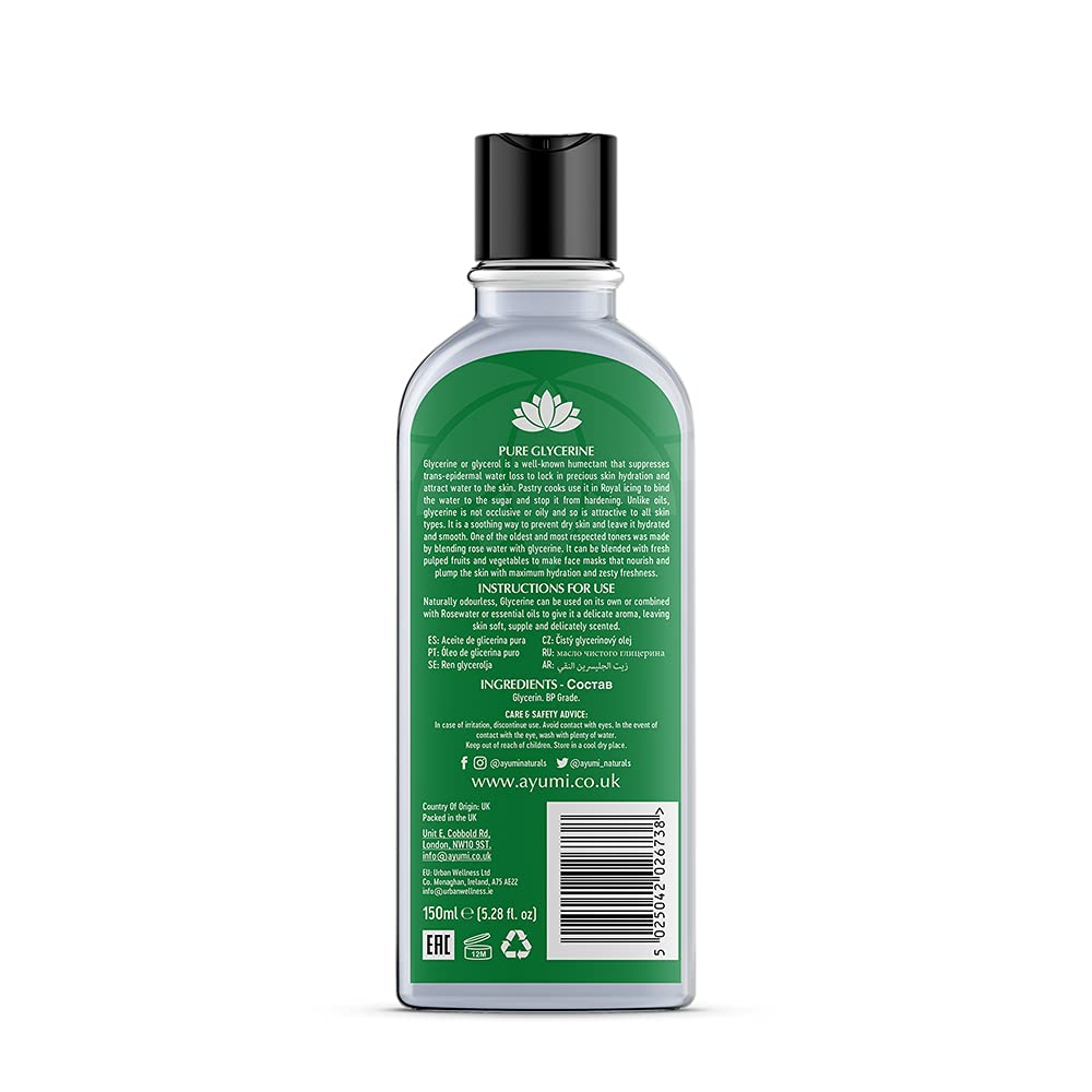 Ayumi Pure Glycerine, Locks in Skin Hydration & Attracts Water to the Skin, Prevents Dry Skin & Leaves it Feeling Smooth, Can be Used For Face Masks - 2 x 150ml