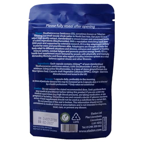 Eladon Elagen Siberian Ginseng Eleutherococcus Capsules – High Strength Standardised Extract 450 mg | 60 Vegetarian Caps | UK Made | Traditional Adaptogen for Energy & Wellbeing